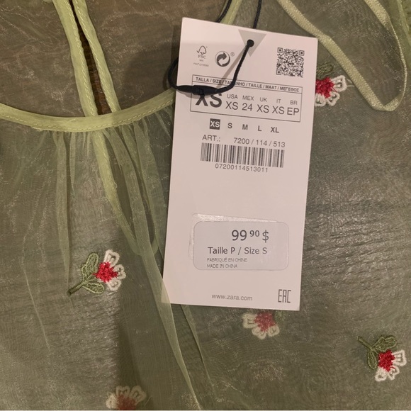 NWT Zara Puff Sleeve Floral Embroidered Organza Semi Sheer Blouse - Picture 3 of 3